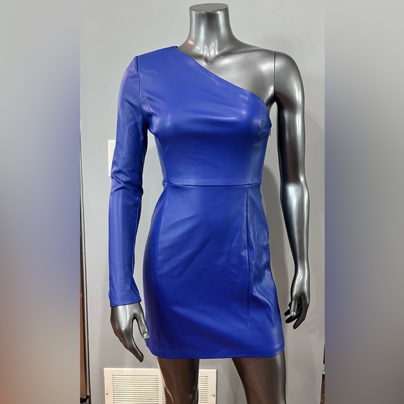 NWT STEVE MADDEN "The Faye" Blue One Long Sleeve Vegan Leather Mini Dress- S - Picture 1 of 15